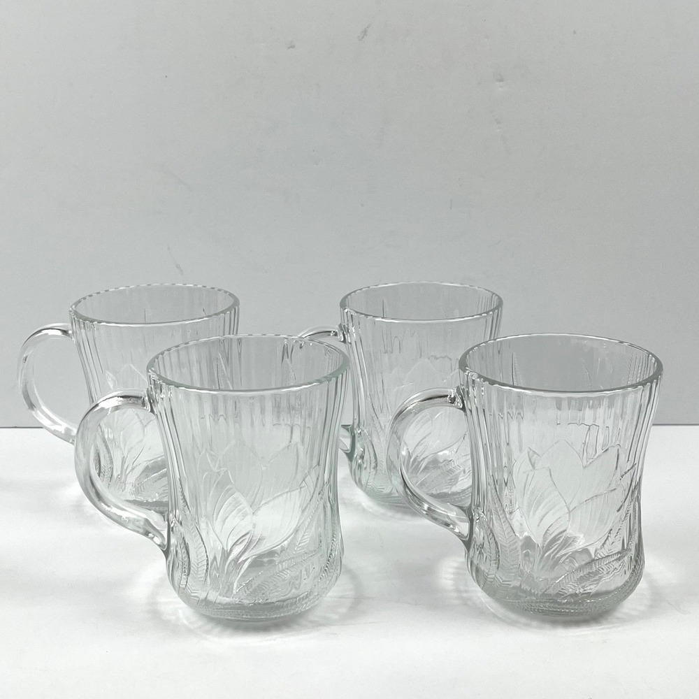 Vintage Glcoloc France Canterbury Crocus Pressed Glass Coffee Mug Tea Set of 4